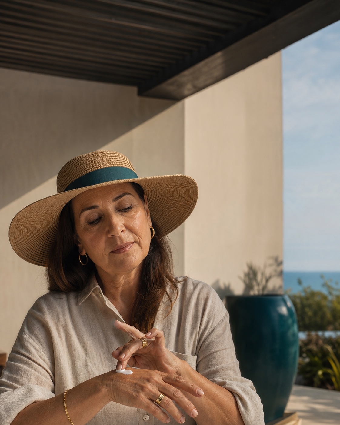 Mature woman applying sunscreen to her hands