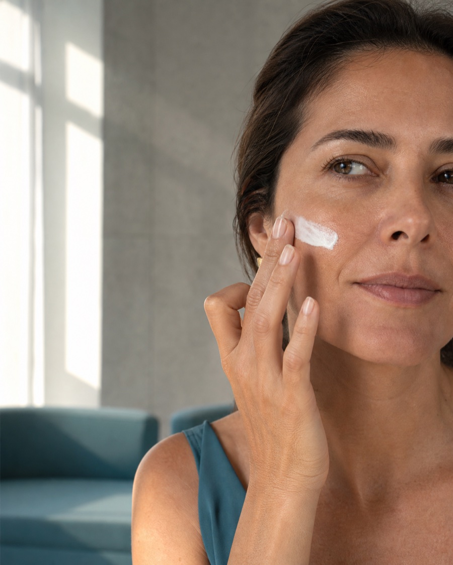 Woman applying sunscreen in an editorial demonstration